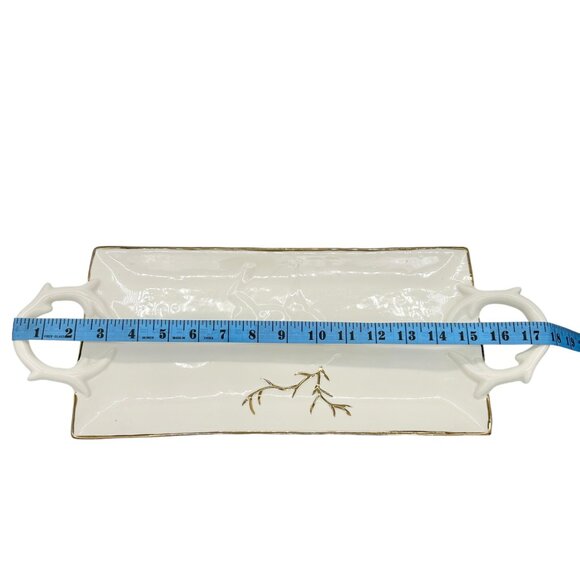 Magenta Serving Tray With Antler Handles Deer Accent Ceramic White Gold - Picture 7 of 8